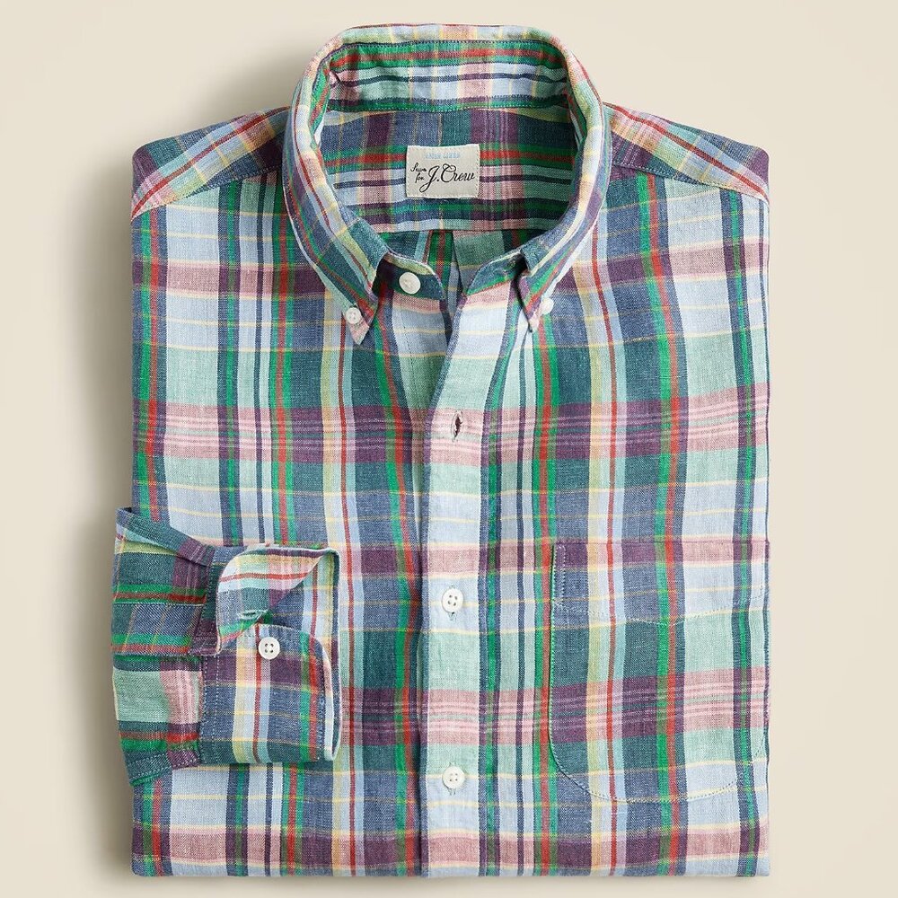 NWT $98 J Crew 100% Irish Linen Slim Untucked Baird McNutt Tartan Plaid Shirt